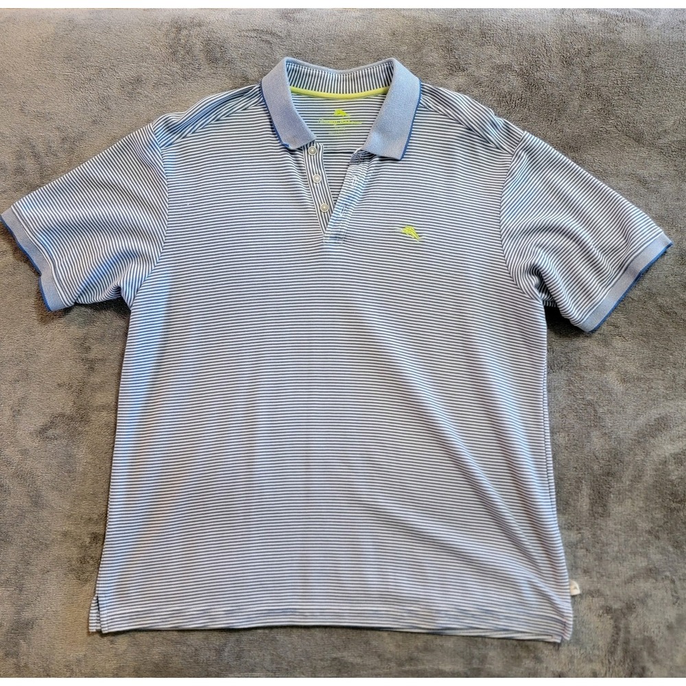 Tommy Bahama Men's Short Sleeve Polo Shirt Blue/White Stripe Size XL